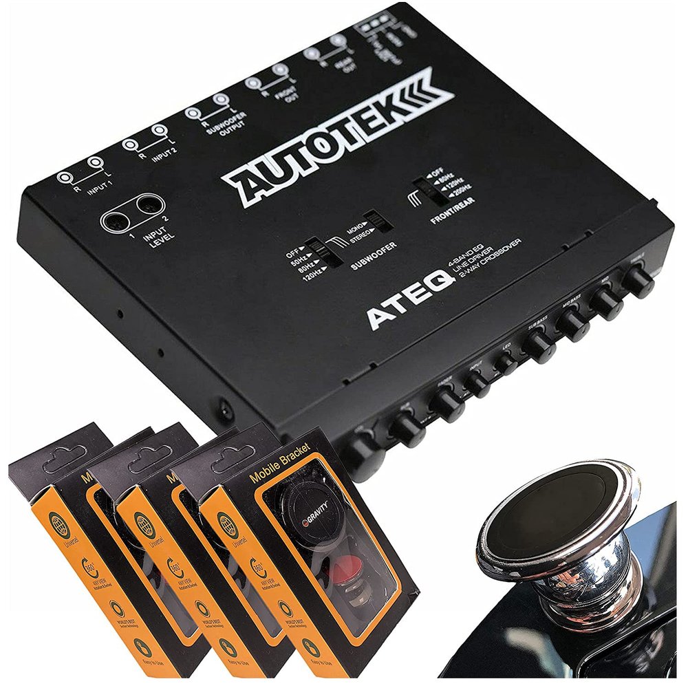 Autotek ATEQ 4-Band Audio Equalizer with Built-in 2-Way Crossover, 1/2 DIN, re-amp EQ with Front/Rear Active Crossover with 3 Gravity Magnet Phone Holder Bundle