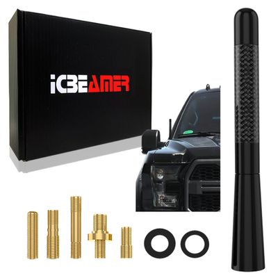 [2024 Upgraded] ICBEAMER 5 inch Carbon Fiber Polished Finish & Matte Black Aluminum Short Automotive Antenna with Internal Copper Coil Universal AM/FM Radio Replacement Compatible for Car, Truck & Van