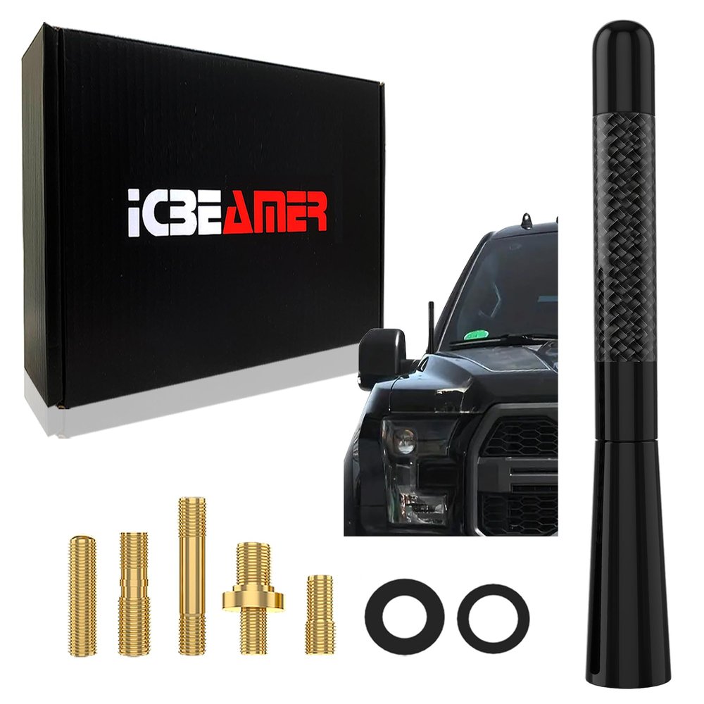 [2024 Upgraded] ICBEAMER 5 inch Carbon Fiber Polished Finish & Matte Black Aluminum Short Automotive Antenna with Internal Copper Coil Universal AM/FM Radio Replacement Compatible for Car, Truck & Van