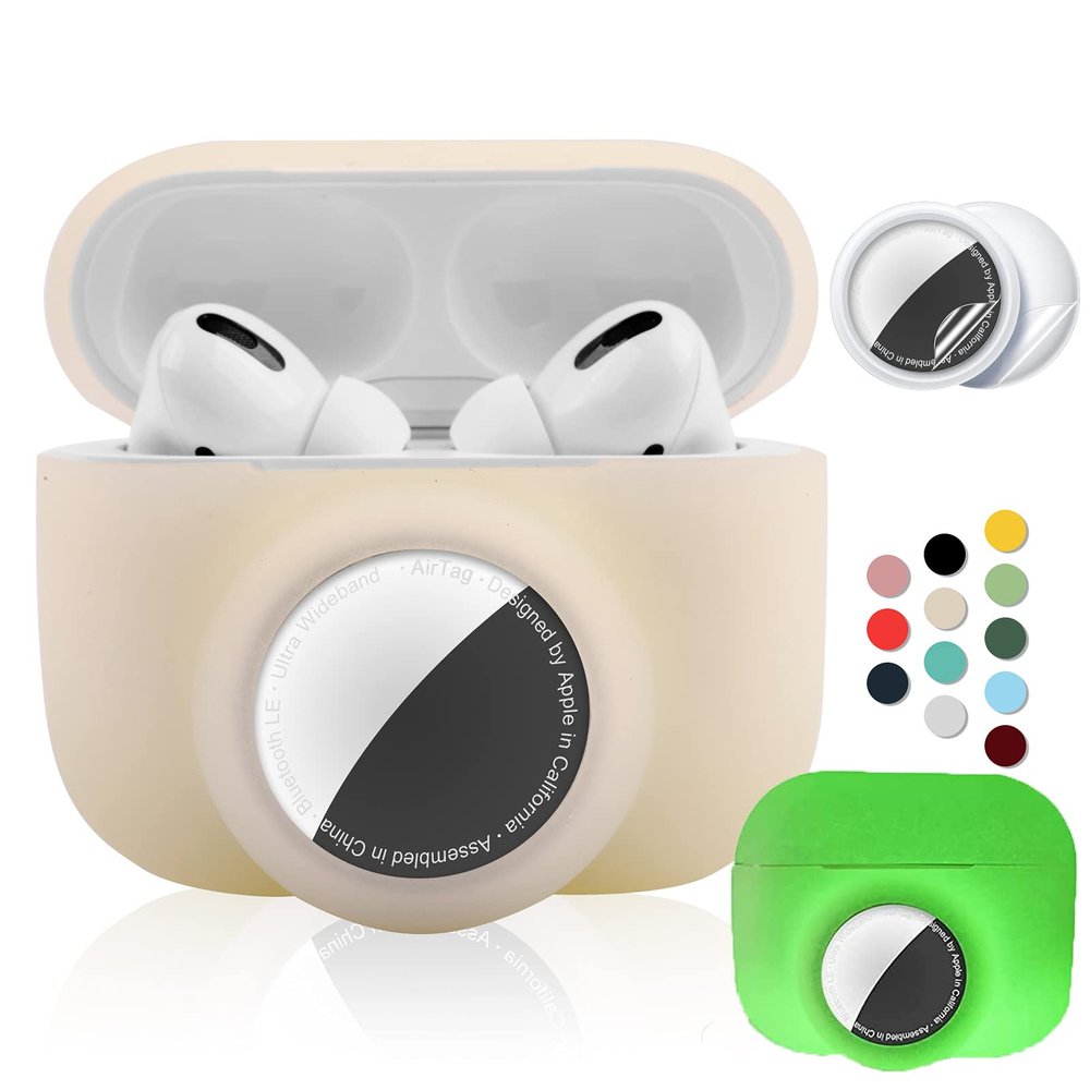 2 in 1 Protective Case for Apple AirPods Pro Air Tag Holder Combo, Soft Silicone Airpods Pro AirTag Case with 2 PCS Screen Protector, Anti-Scratch Anti-Fall Anti-Lost (GlowWhite)