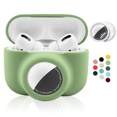 2 in 1 Protective Case for Apple AirPods Pro Air Tag Holder Combo, Soft Silicone Airpods Pro AirTag Case with 2 PCS Screen Protector, Anti-Scratch Anti-Fall Anti-Lost Shockproof Durable(EmeraldGreen)