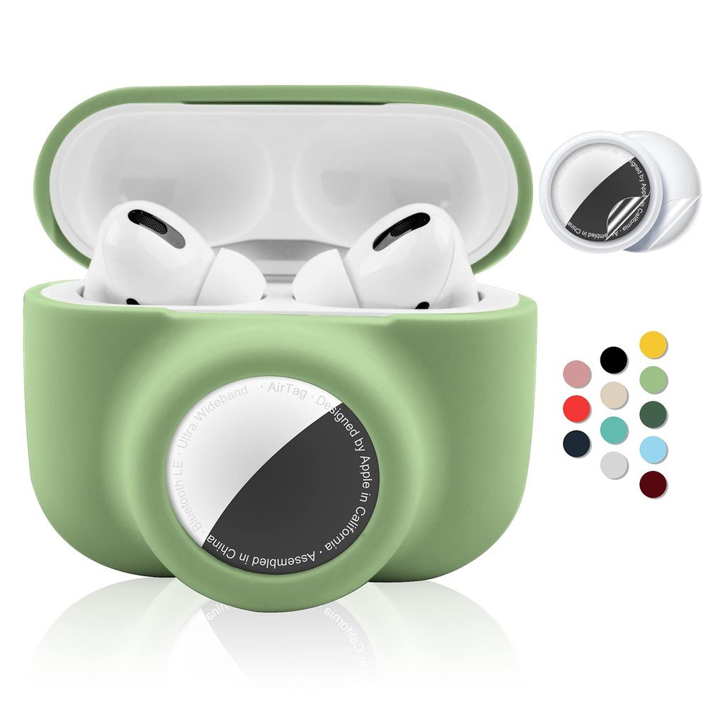2 in 1 Protective Case for Apple AirPods Pro Air Tag Holder Combo, Soft Silicone Airpods Pro AirTag Case with 2 PCS Screen Protector, Anti-Scratch Anti-Fall Anti-Lost Shockproof Durable(EmeraldGreen)