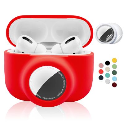 2 in 1 Protective Case for Apple AirPods Pro Air Tag Holder Combo, Soft Silicone Airpods Pro AirTag Case with 2 PCS Screen Protector, Anti-Scratch Anti-Fall Anti-Lost (Red)