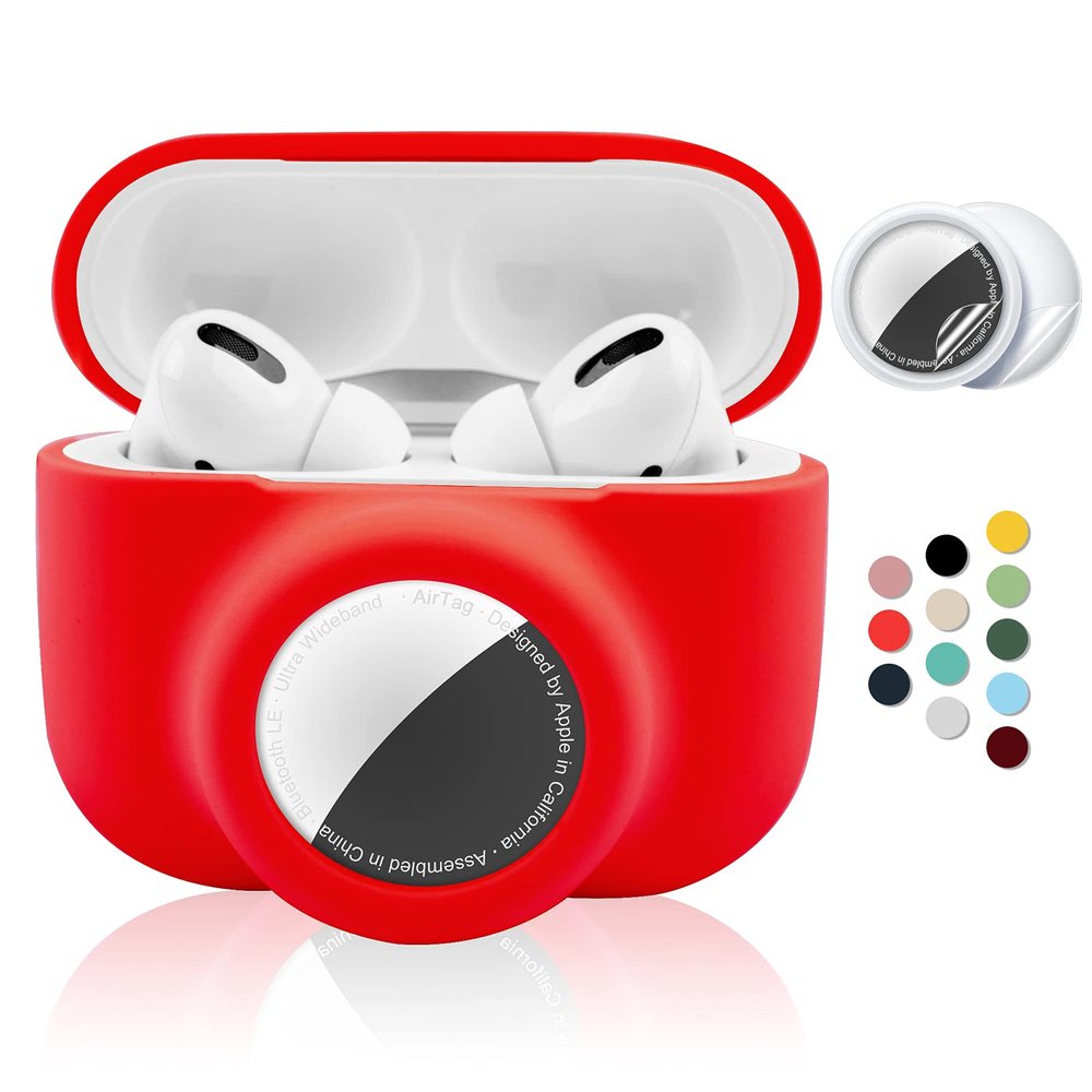 2 in 1 Protective Case for Apple AirPods Pro Air Tag Holder Combo, Soft Silicone Airpods Pro AirTag Case with 2 PCS Screen Protector, Anti-Scratch Anti-Fall Anti-Lost (Red)