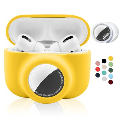 2 in 1 Protective Case for Apple AirPods Pro Air Tag Holder Combo, Soft Silicone Airpods Pro AirTag Case with 2 PCS Screen Protector, Anti-Scratch Anti-Fall Anti-Lost Shockproof Durable(Yellow)