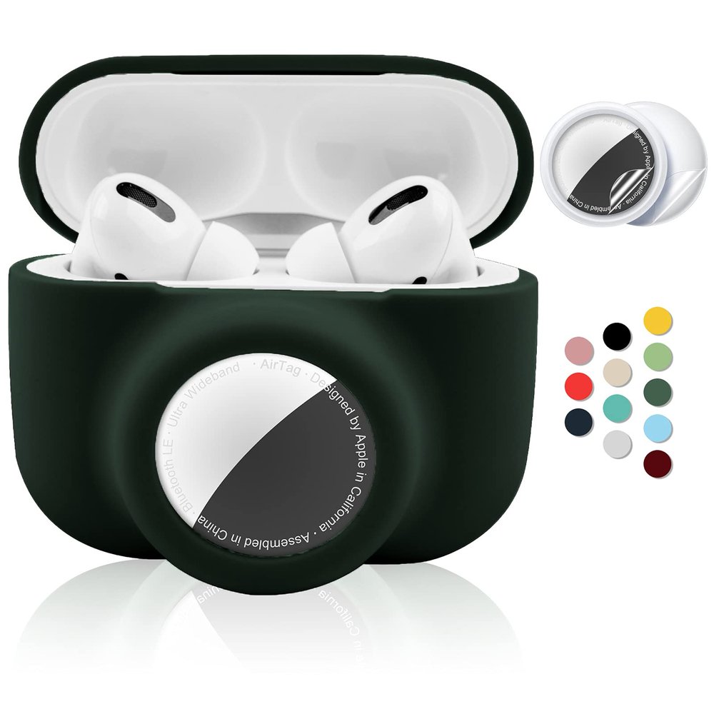 2 in 1 Protective Case For Apple AirPods Pro Air Tag Holder Combo, Soft Silicone Airpods Pro AirTag Case with 2 PCS Screen Protector, Anti-Scratch Anti-Fall Anti-Lost Shockproof Durable(BlackishGreen)