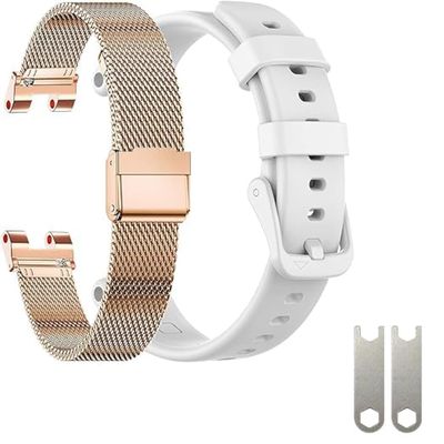 EANWireless Compatible for Garmin Lily Band, Milanese Stainless Steel +Silicone Sport Strap Replacement Silm Accessory for Women's Smartwatch,Rose Gold+White