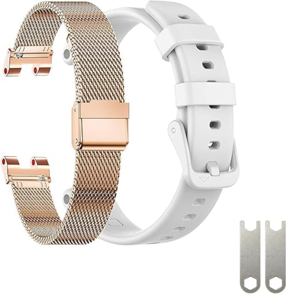 EANWireless Compatible for Garmin Lily Band, Milanese Stainless Steel +Silicone Sport Strap Replacement Silm Accessory for Women's Smartwatch,Rose Gold+White
