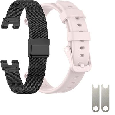 EANWireless Compatible for Garmin Lily Band, Milanese Stainless Steel +Silicone Sport Strap Replacement Silm Accessory for Women's Smartwatch,Black+Pink