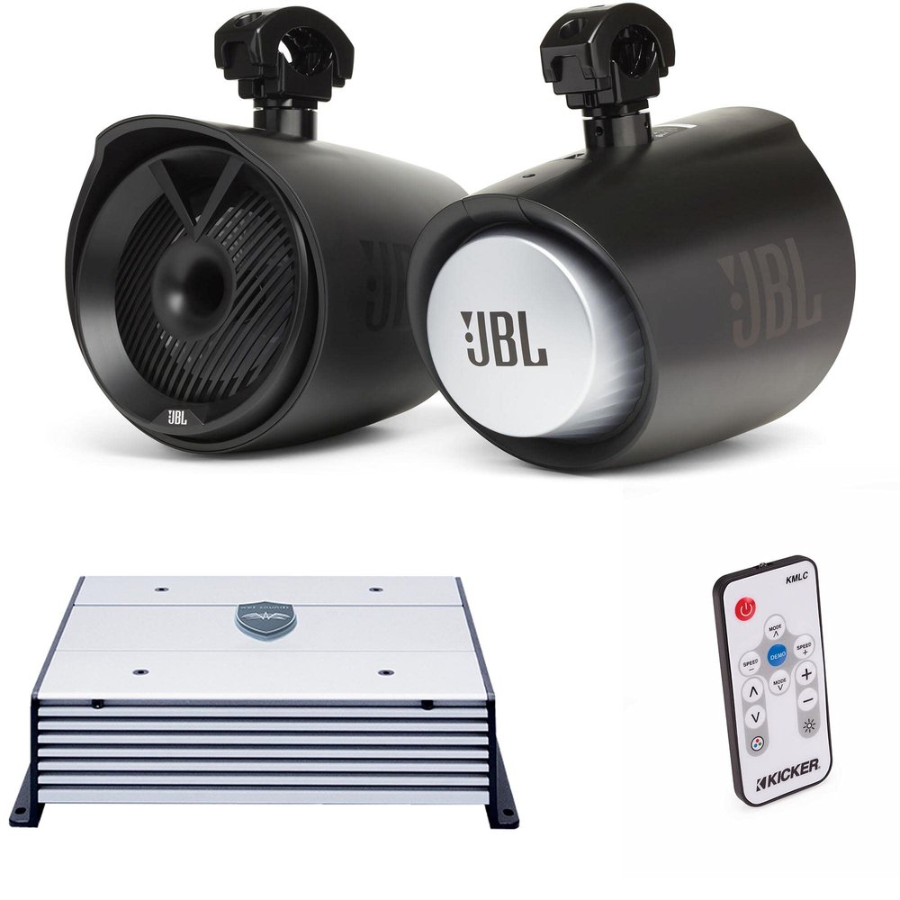 JBL MT8HLB 8" 2-Way Marine Tower Speaker Black & Wet Sounds HTX2 2 Channel Amplifier with Kicker 41KMLC LED Controller