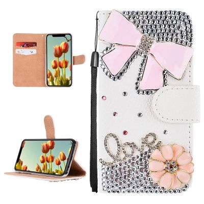 DasKAn for iPod Touch 5/6 / 7 Diamond Flip Case, Bling Rhinestones Pink Bowknot Love Flower Design Magnetic Clasp Wallet Stand Protective Phone Cover with Card Slots & Wrist Strap, White