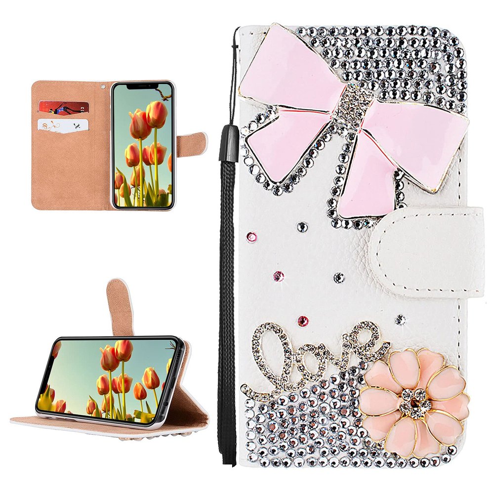 DasKAn for iPod Touch 5/6 / 7 Diamond Flip Case, Bling Rhinestones Pink Bowknot Love Flower Design Magnetic Clasp Wallet Stand Protective Phone Cover with Card Slots & Wrist Strap, White