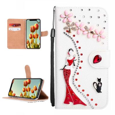 DasKAn for iPod Touch 5/6 / 7 Diamond Flip Case, Bling Rhinestones Sexy Girl Black Cat Design Magnetic Clasp Wallet Stand Protective Phone Cover with Card Slots & Wrist Strap, White
