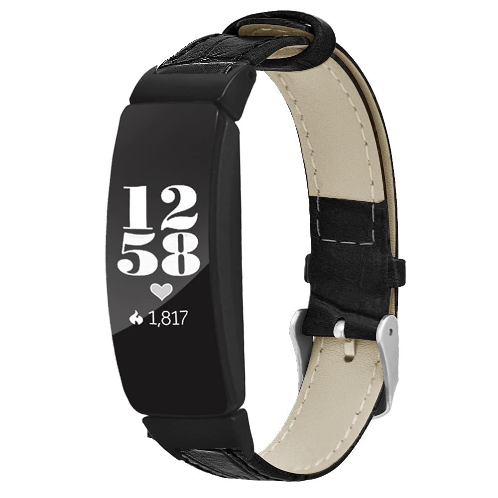 KangPlus Watch Band Compatible with Inspire/Inspire HR,Women Men Sport Leather Vintage Denim Style Replacement Wristband Casual Breathable Adjustable Band with Metal Buckle - Black