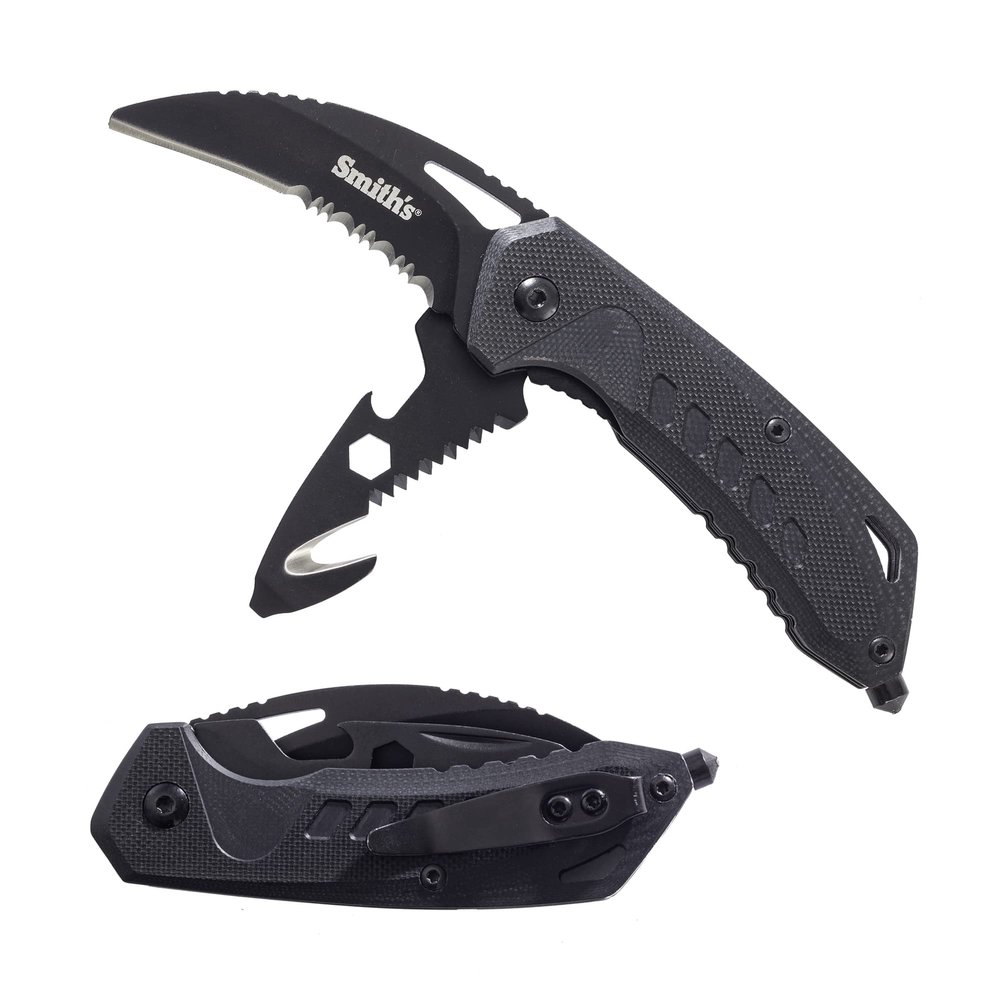 Smith's 51265 Rescue 2-Blade Folding Knife + G10 Rugged Handle Cord Cutter, Hex Wrench, Hand Saw, Bottle Opener Slim Design, Flip Open, Pocket Clip Everyday Carry Gift for Men