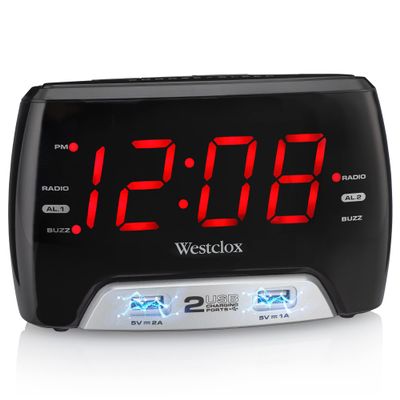Westclox Large 1.4 Red LED Digital FM Clock Radio with Dual USB A & C Charging Ports, Adjustable Brightness, Dual Alarms & Sleep Timer Modern Alarm Clock for Bedroom, Home, or Office (Black)