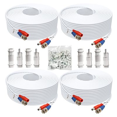 Aimyzii BNC Cable 100ft 4 Pack BNC Video Power Cable,Security Camera Cable for CCTV Camera DVR Security Systems(Included 8X BNC Adapters,100 Pcs Cable Clips)-White
