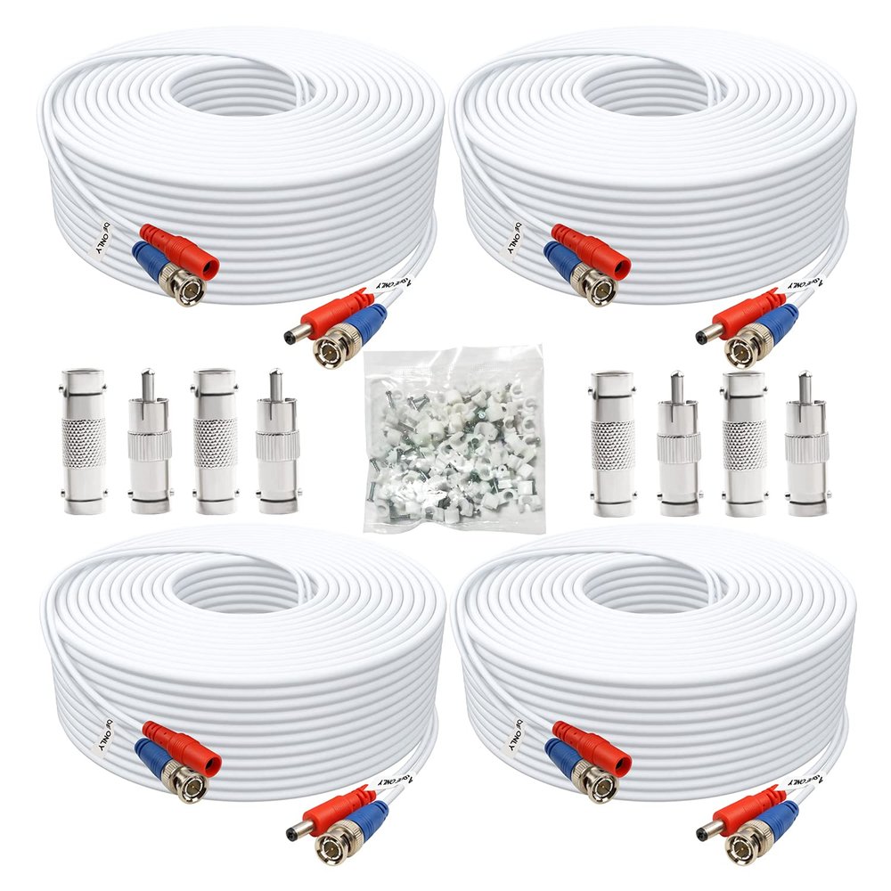 Aimyzii BNC Cable 100ft 4 Pack BNC Video Power Cable,Security Camera Cable for CCTV Camera DVR Security Systems(Included 8X BNC Adapters,100 Pcs Cable Clips)-White