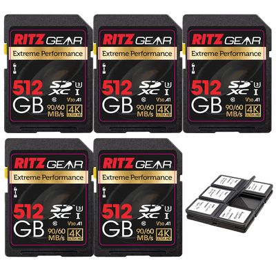 RITZ GEAR Extreme Performance High Speed UHS-I SDXC 512GB 90/60 MB/S U3 A1 C10 V30 Memory Card (5 Units) Designed for SD Devices That can Capture Full HD, 3D, and 4K Video as Well as raw Photography