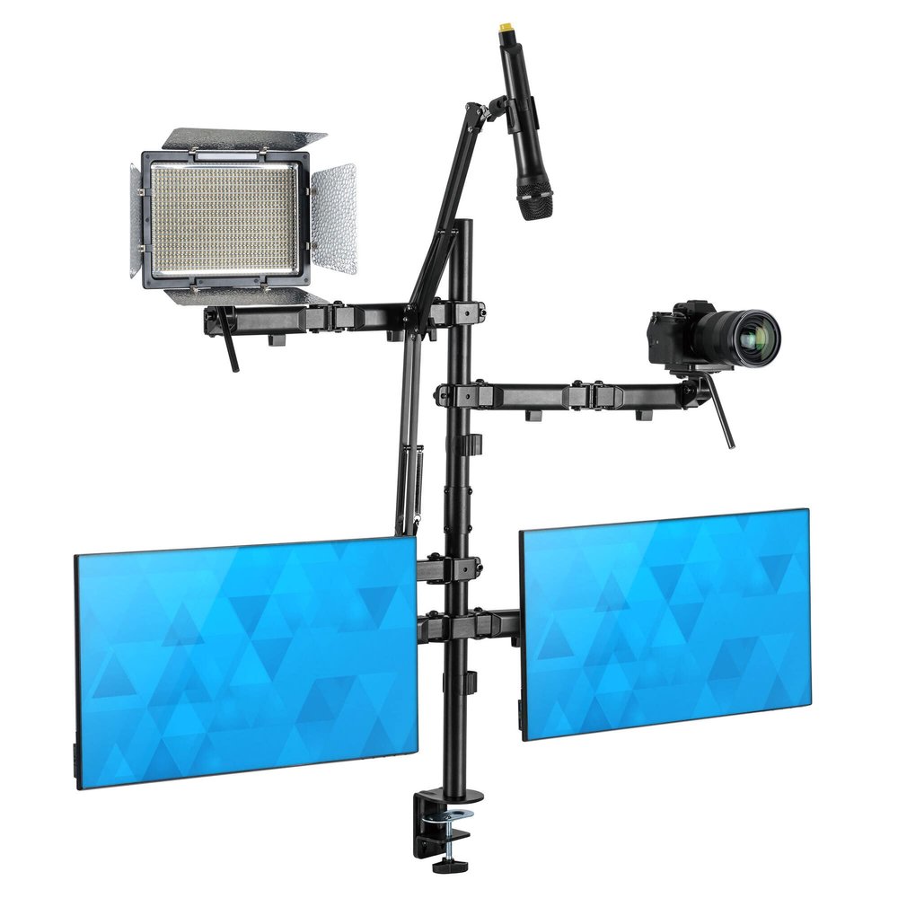 Mount-It! All in One Live Streaming Equipment - 5 Arm Desk Mount - Holds Dual Monitors, Cameras, Ring Light with Mic Desktop Stand Set, YouTube Setup for Podcasting, Gaming, Zoom, Clamp/Grommet Base