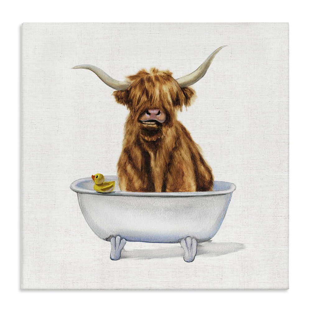 Stupell Industries Shaggy Country Cattle in Bathtub Rubber Duck, Designed by Donna Brooks Canvas Wall Art, 36 x 36, Brown
