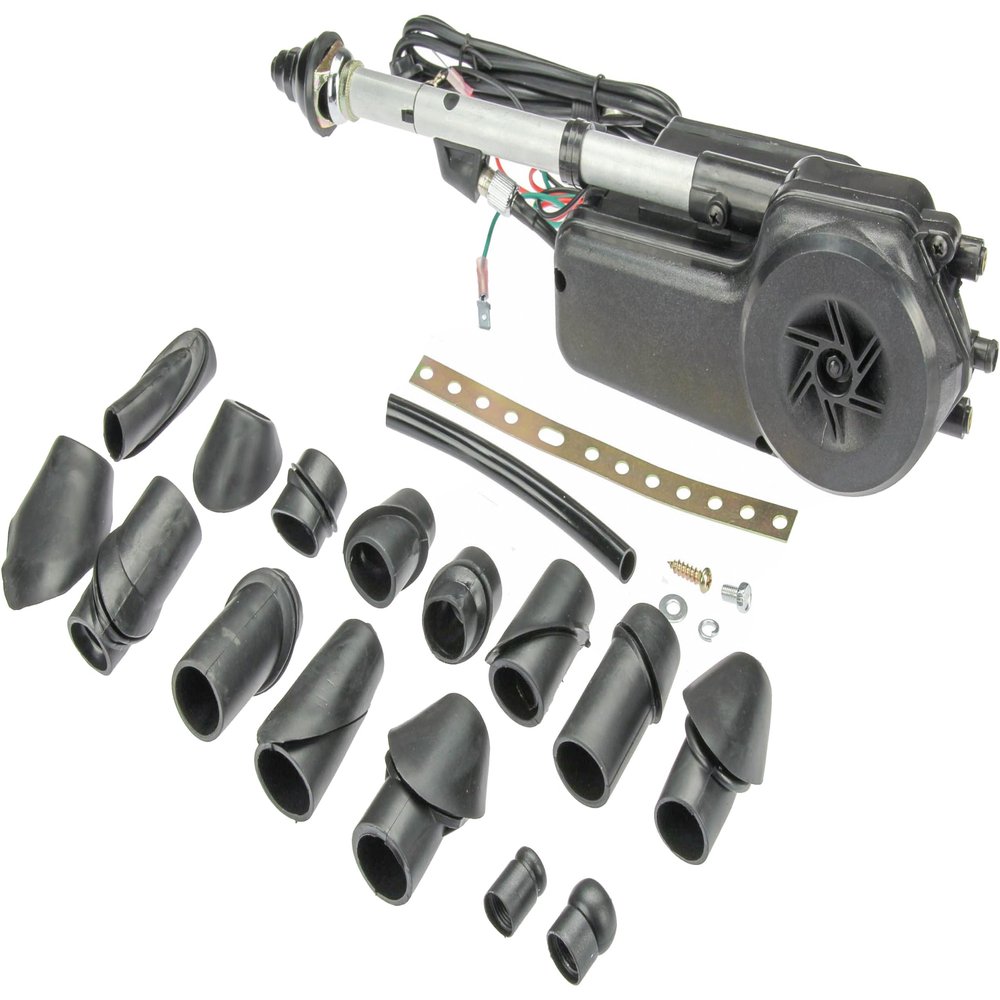 URO Parts AUTA2050B Power Antenna Kit, Universal Power Antenna w/Black Mast; Includes mounting Hardware and Electrical connectors; for Vehicles with 0-30 Degree Body Slopes