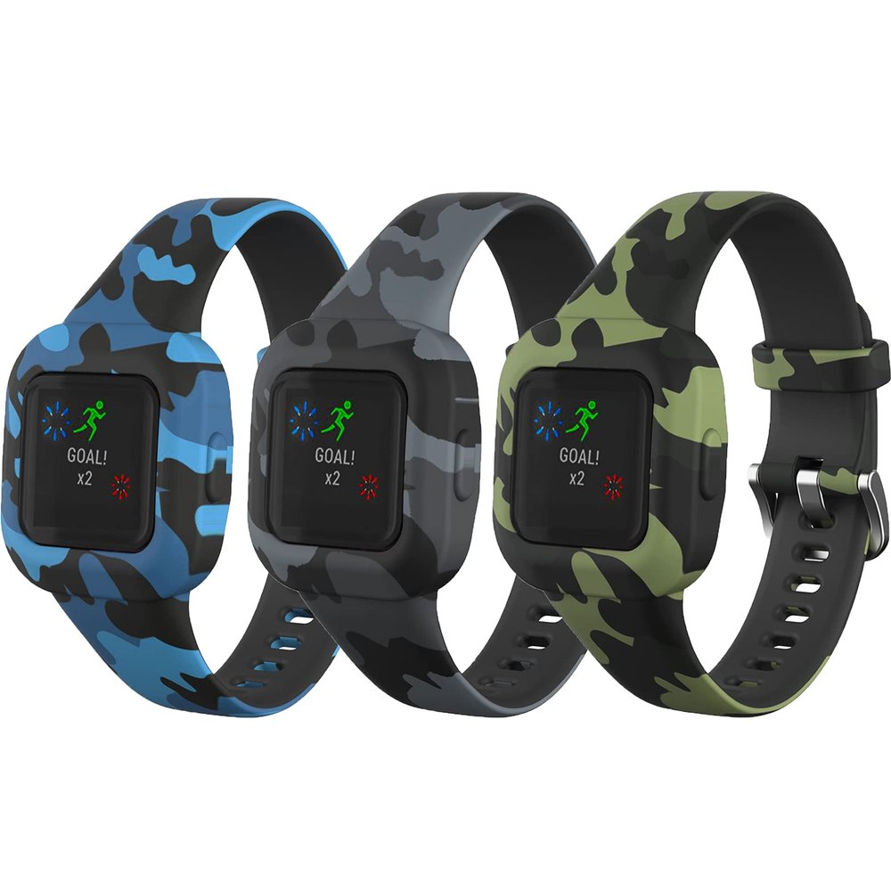 AresserA for Garmin Vivofit jr.3 Bands, Silicone Replacement Watch Bands Compatible with GarminFit jr.3 for Kids Boys Girls-3 Pack:Blue&Green&Gray Camo