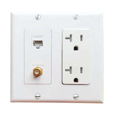 BOPLAT 2 Gang Ethernet Coax Wall Plate with 20Amp Power Outlet - Duplex Receptacle Outlet Cover Plate with Coaxial Ethernet +1 Port CAT6 + 1 Coax Cable TV F Type Jack- White