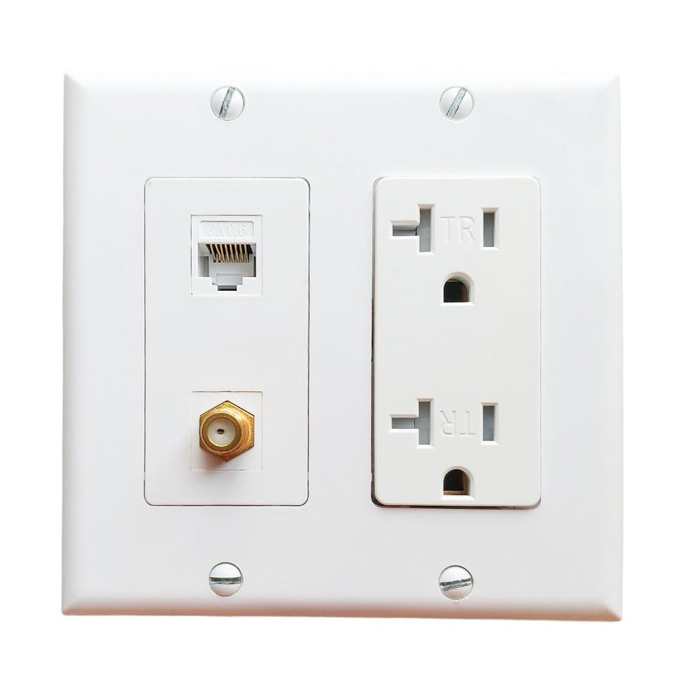 BOPLAT 2 Gang Ethernet Coax Wall Plate with 20Amp Power Outlet - Duplex Receptacle Outlet Cover Plate with Coaxial Ethernet +1 Port CAT6 + 1 Coax Cable TV F Type Jack- White
