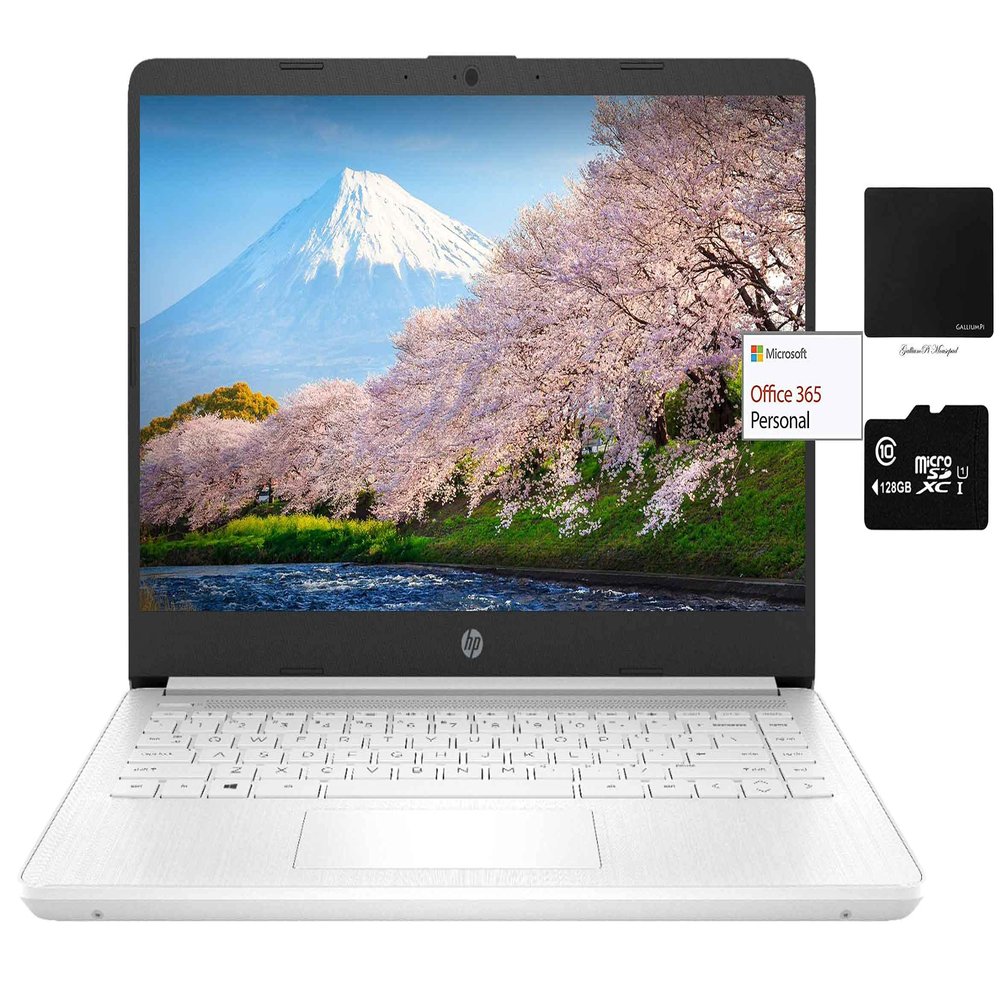 HP 14" Thin Light Laptop, Intel 2-Core N4020, 16GB RAM, 192GB Storage(64GB eMMC+128GB Micro SD), 1Yr Office, Win 11 Bundle with GaPi Mousepad (White)