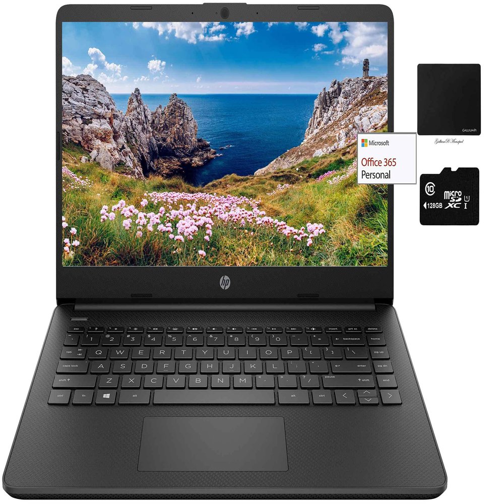 HP 14" Thin Light Laptop, Intel 2-Core N4020, 16GB RAM, 192GB Storage(64GB eMMC+128GB Micro SD),1Yr Office, Win 11 Bundle w/GalliumPi Mousepad (Black)