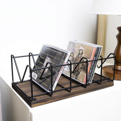 MyGift Vintage CD Stand Holder, DVD Tower, Rustic Burnt Solid Wood and Matte Black Metal Racks, Tabletop Compact Disc Case Organizer Storage - Holds 25 Jewel Cases