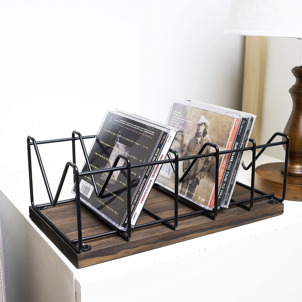 MyGift Vintage CD Stand Holder, DVD Tower, Rustic Burnt Solid Wood and Matte Black Metal Racks, Tabletop Compact Disc Case Organizer Storage - Holds 25 Jewel Cases