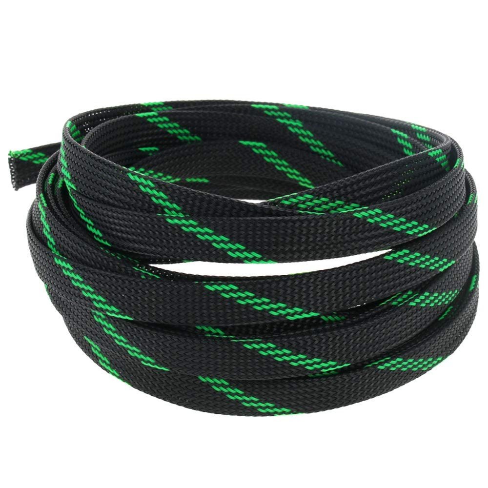 Aicosineg Wire Braided Protective Sleeve for Automotive Wire Sleeving Protect cat from Chewing Cords Black and Green 2/5Inch 16ft 1Pcs