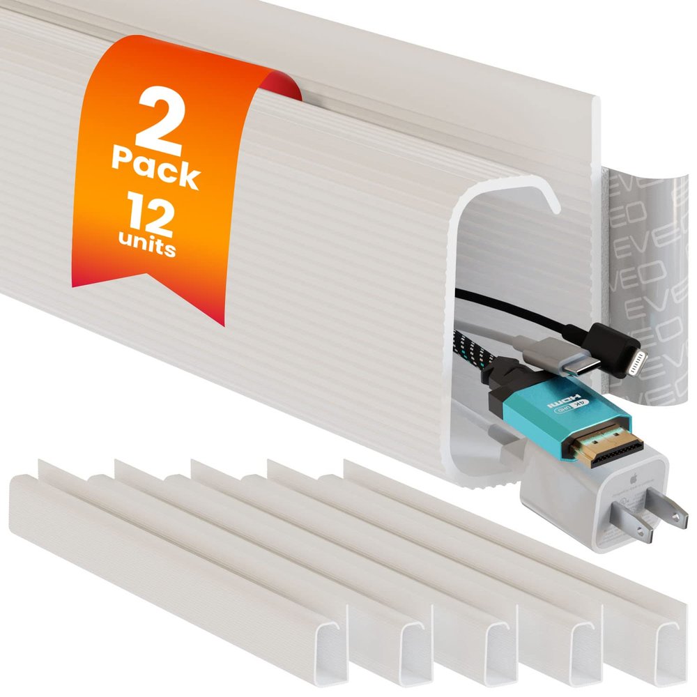 EVEO Cable Management Under Desk Kit (12 Units)- Under Desk Cable Management Cord Cover, Cable Hider Cord Management Under Desk Cable Organizer Cord Organizer Tray - 96''J Channel 12X16 - White