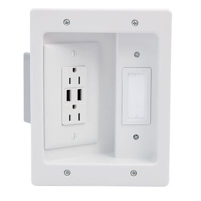 Legrand - OnQ in Wall Cable Management Kit with USB, TV Outlet Wall Kit Hides Cords, in Wall TV Power Kit Works with All Plugs, Recessed TV Outlet, White, HT21USBWHV1 (Hardwired)