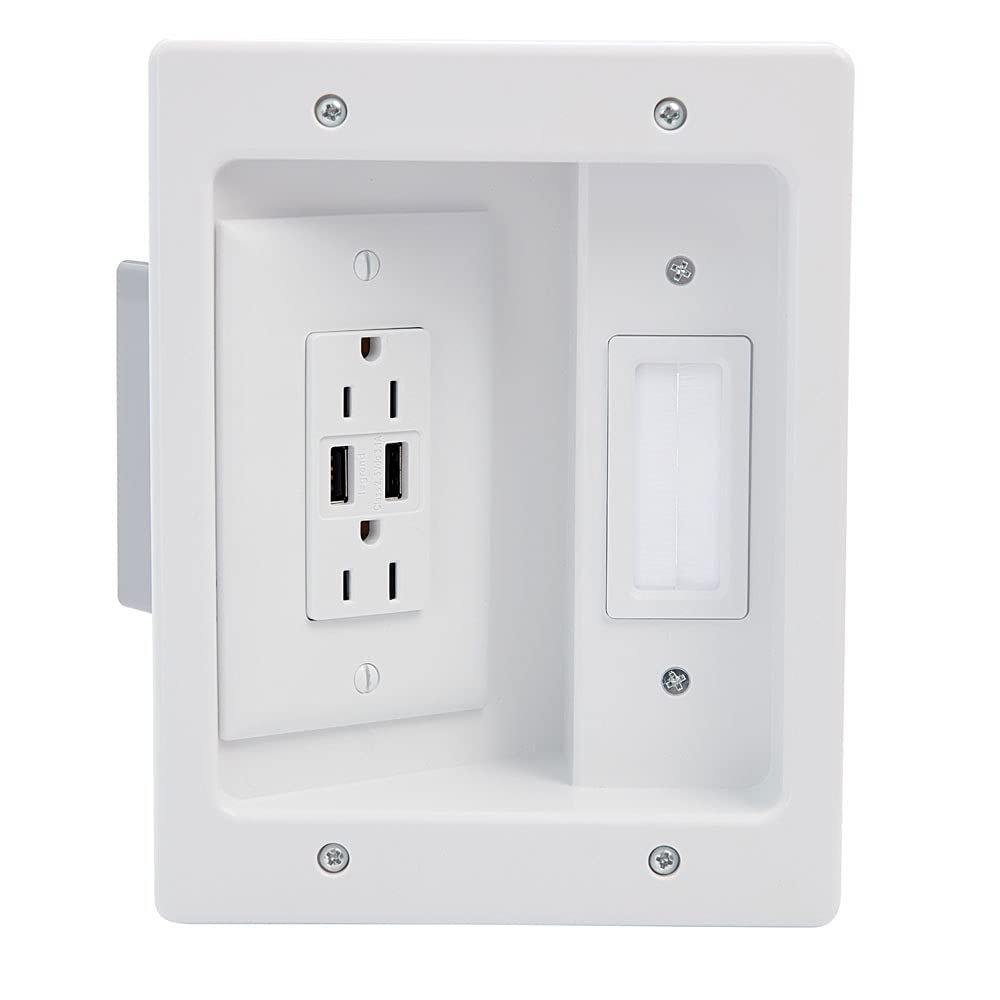 Legrand - OnQ in Wall Cable Management Kit with USB, TV Outlet Wall Kit Hides Cords, in Wall TV Power Kit Works with All Plugs, Recessed TV Outlet, White, HT21USBWHV1 (Hardwired)