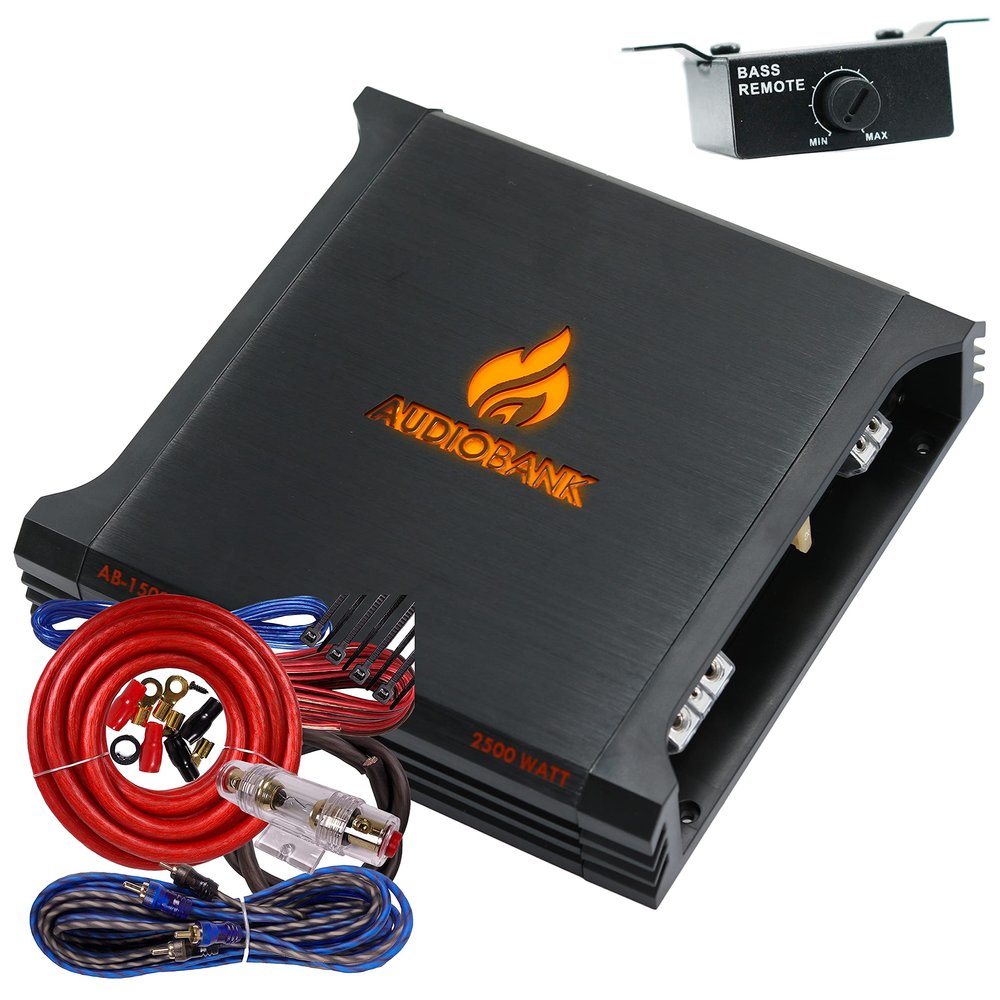 Audiobank AB1500.1 Monoblock 2500 Watt 2 Ohm A/B Class Car Audio Stereo BASS Amplifier with Bass Control, Bridgeable, LED Indicator with 4 Gauge Installation Kit Red Bundle