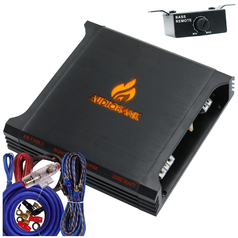 Audiobank AB1500.1 Monoblock 2500 Watt 2 Ohm A/B Class Car Audio Stereo BASS Amplifier with Bass Control, Bridgeable, LED Indicator with 4 Gauge Installation Kit Blue Bundle