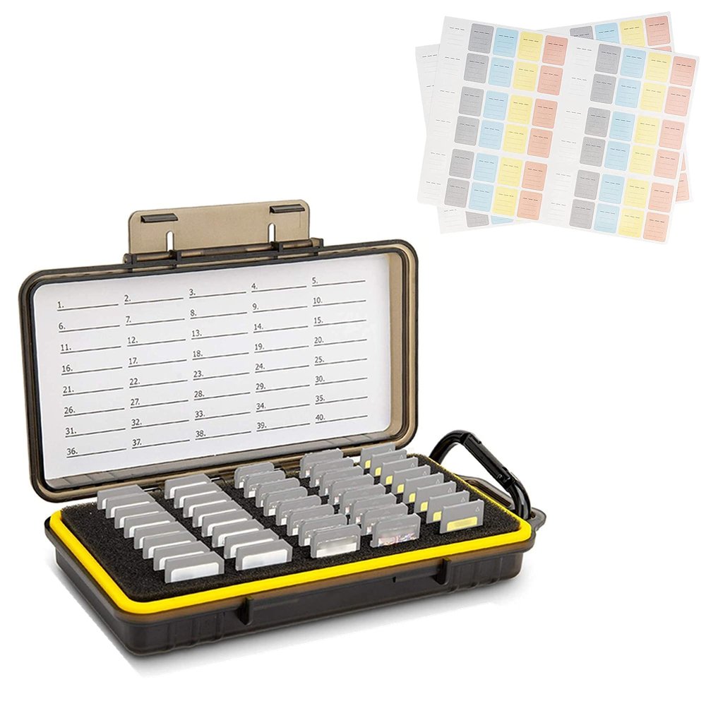 40 Slots Memory Card Case + 120 Count Card Labels: Camera Memory Card Holder Organizer with Memory Card Labels for SD SDHC SDXC Cfexpress Card