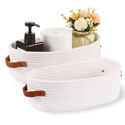 Oradrem 2 Pack Woven Storage Basket for Toilet Tank Top,Farmhouse Home Decor Organizing Baskets for Bathroom,Table and Counter 13"x5.9"x4" White