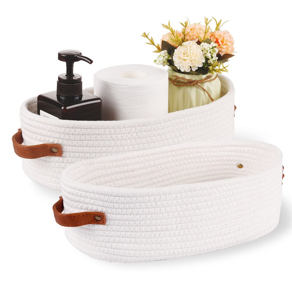 Oradrem 2 Pack Woven Storage Basket for Toilet Tank Top,Farmhouse Home Decor Organizing Baskets for Bathroom,Table and Counter 13"x5.9"x4" White
