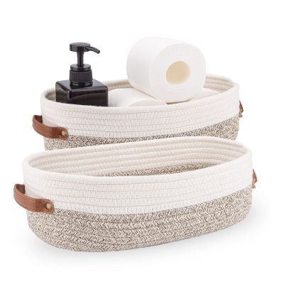 Oradrem 2 Pack Woven Storage Basket for Toilet Tank Top,Farmhouse Home Decor Organizing Basket for Bathroom,Table and Counter 13"x5.9"x4" Apricot Stitching White