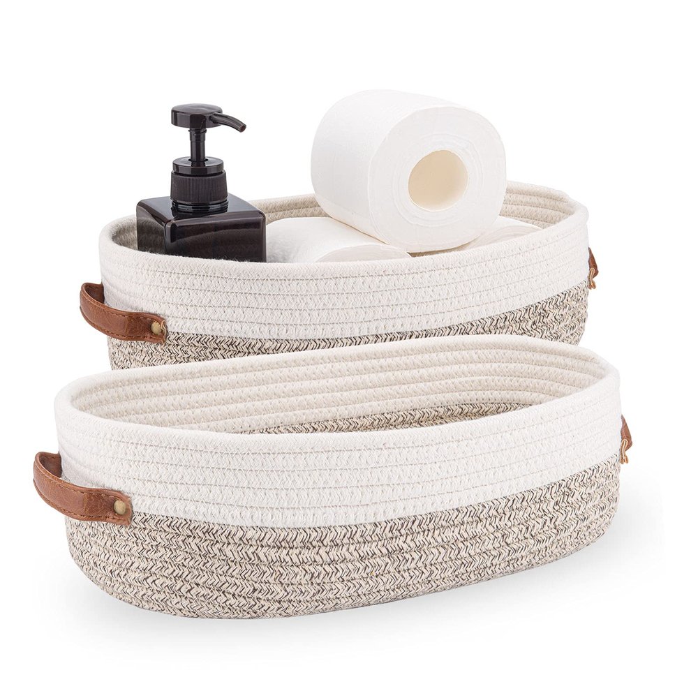 Oradrem 2 Pack Woven Storage Basket for Toilet Tank Top,Farmhouse Home Decor Organizing Basket for Bathroom,Table and Counter 13"x5.9"x4" Apricot Stitching White