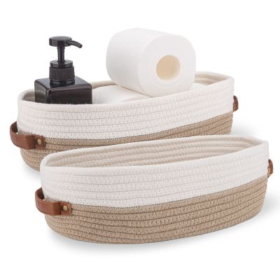 Oradrem 2 Pack Cotton Rope Bathroom Decor Basket,Toilet Paper Holder Basket,Farmhouse Home Decor Organizing Baskets 13"x5.9"x4" Brown Stitching White