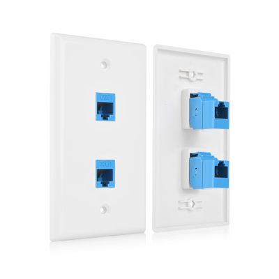 Cable Matters 2-Pack 2-Port Ethernet Wall Plate, Cat6 Wall Plate with Blue RJ45 Keystone Jack, Ethernet Jack Outlet in White