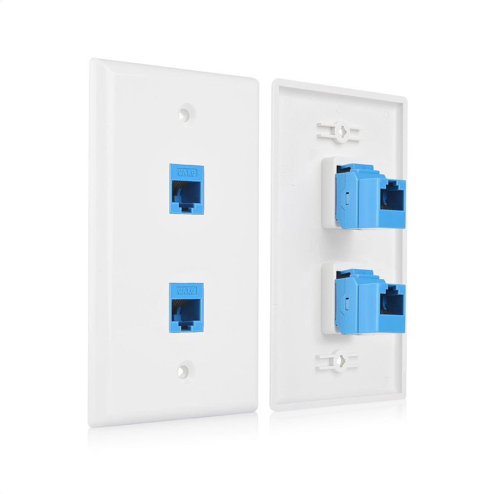 Cable Matters 2-Pack 2-Port Ethernet Wall Plate, Cat6 Wall Plate with Blue RJ45 Keystone Jack, Ethernet Jack Outlet in White