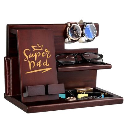 Personalized Idea For Dad - Customized Wood Phone Docking Station - Nine Styles - For Birthday Father's Dad Christmas - Nightstand with Phone Holder, Key Holder, Wallet Stand and Watch Organizer