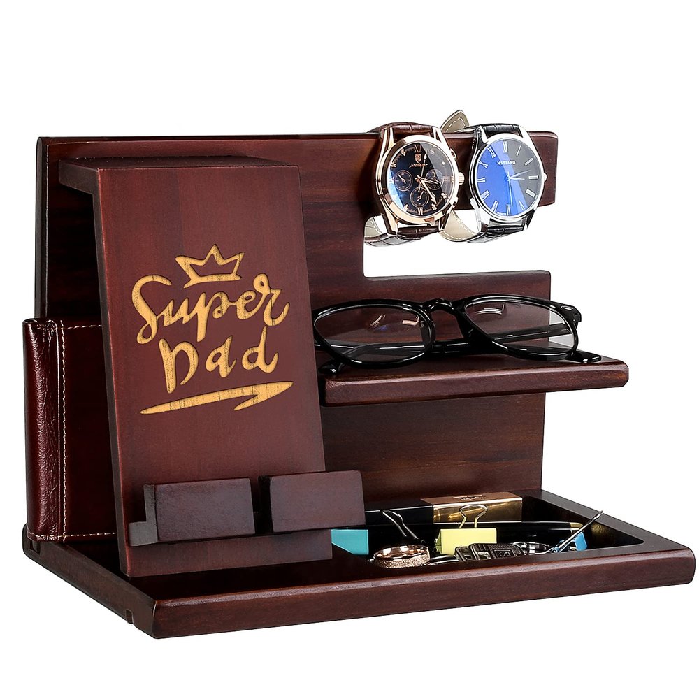 Personalized Idea For Dad - Customized Wood Phone Docking Station - Nine Styles - For Birthday Father's Dad Christmas - Nightstand with Phone Holder, Key Holder, Wallet Stand and Watch Organizer