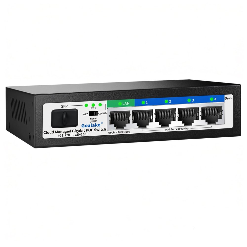 Goalake Easy Smart Managed PoE Switch 5 Port Gigabit and SFP Slot, with 4 Gigabit Port PoE+@52W, Fanless&Metal Design, Plug & Play, VLAN Mode, Overload Protection